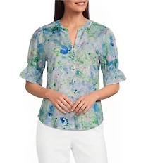 KARL LAGERFELD PARIS Print Woven Satin Mock Neck Short Sleeve Top