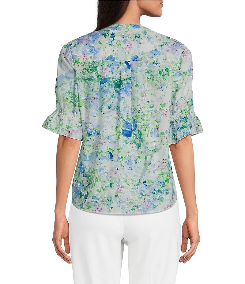 KARL LAGERFELD PARIS Print Woven Satin Mock Neck Short Sleeve Top