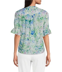 KARL LAGERFELD PARIS Print Woven Satin Mock Neck Short Sleeve Top