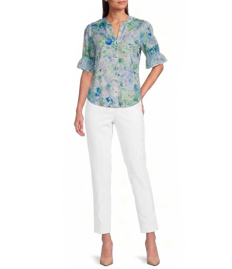 KARL LAGERFELD PARIS Print Woven Satin Mock Neck Short Sleeve Top