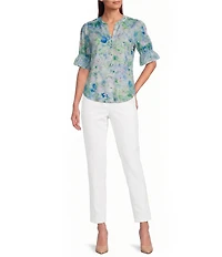 KARL LAGERFELD PARIS Print Woven Satin Mock Neck Short Sleeve Top
