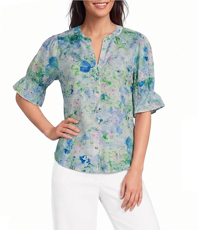 KARL LAGERFELD PARIS Print Woven Satin Mock Neck Short Sleeve Top