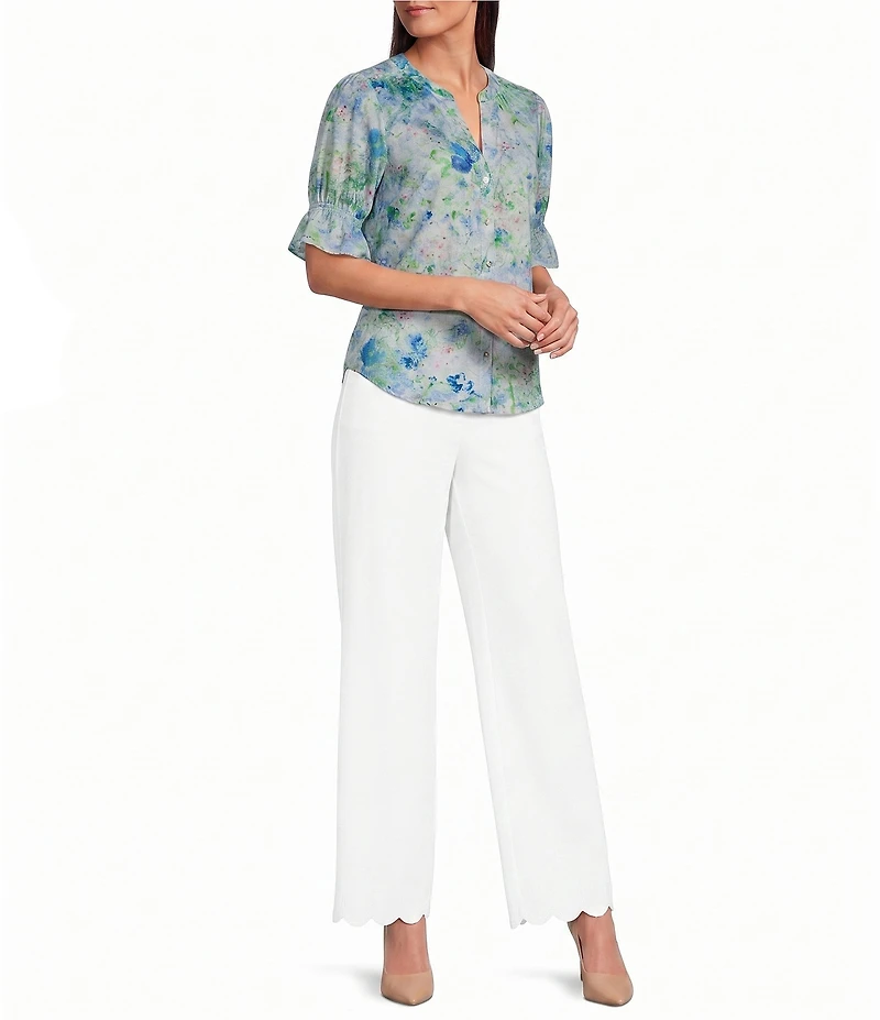 KARL LAGERFELD PARIS Print Woven Satin Split V-Neck Short Sleeve Top