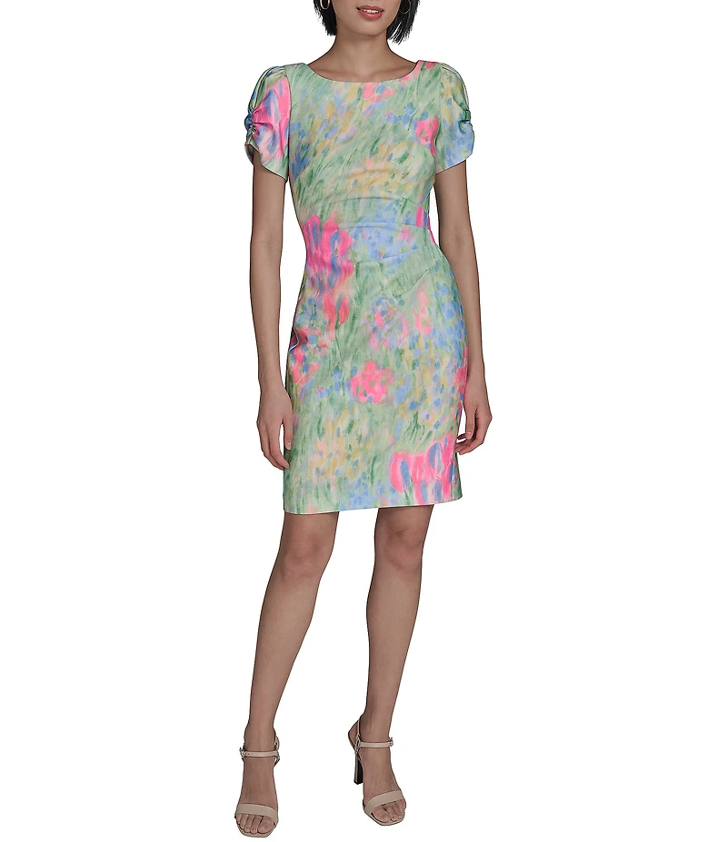 KARL LAGERFELD PARIS Printed Boat Neck Short Sleeve Suba Sheath Dress