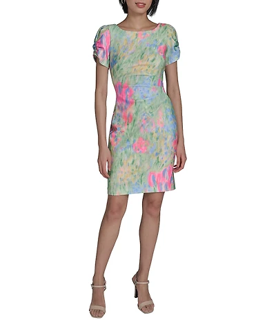 KARL LAGERFELD PARIS Printed Boat Neck Short Sleeve Suba Sheath Dress