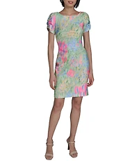 KARL LAGERFELD PARIS Printed Boat Neck Short Sleeve Suba Sheath Dress