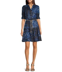 KARL LAGERFELD PARIS Printed Lurex V-Neck 3/4 Sleeve Button Down Belted Dress