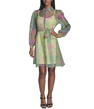 KARL LAGERFELD PARIS Printed Organza Long Sleeve Shirt Collar Neckline Belted Shirt Dress