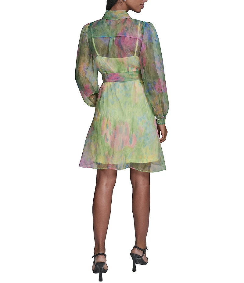 KARL LAGERFELD PARIS Printed Organza Long Sleeve Shirt Collar Neckline Belted Shirt Dress