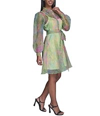 KARL LAGERFELD PARIS Printed Organza Long Sleeve Shirt Collar Neckline Belted Shirt Dress
