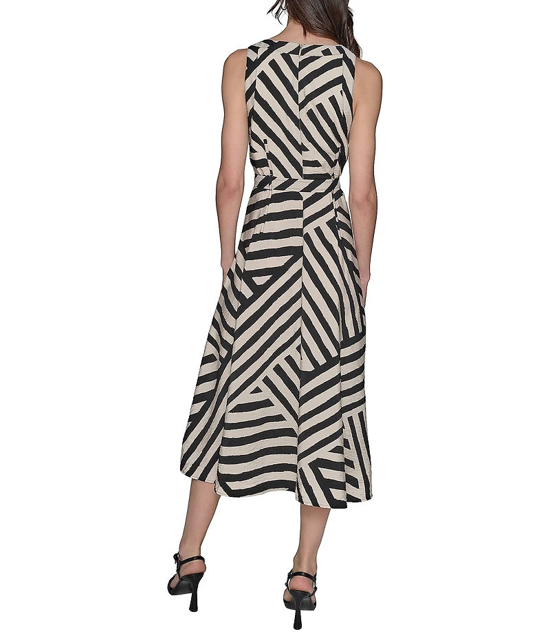 KARL LAGERFELD PARIS Printed Rumpled Rayon Blend Crew Neck Belted A-Line Midi Dress
