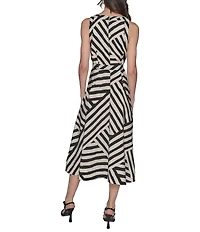 KARL LAGERFELD PARIS Printed Rumpled Rayon Blend Crew Neck Belted A-Line Midi Dress