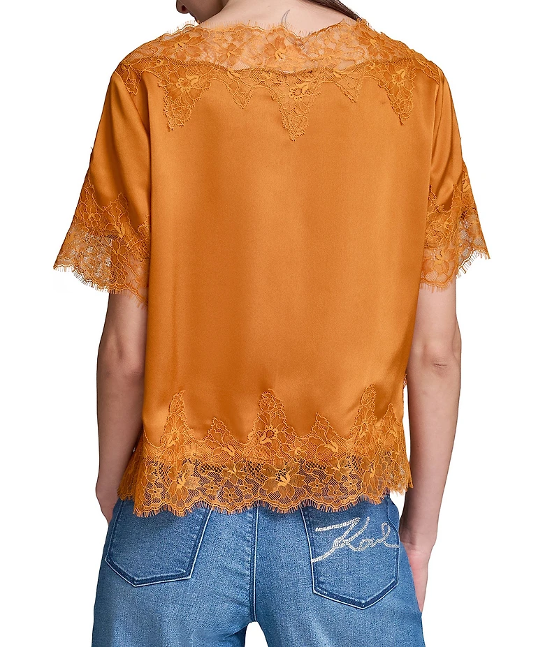 KARL LAGERFELD PARIS Printed Satin Lace Trim Point Collar Short Sleeve Shirt