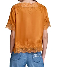 KARL LAGERFELD PARIS Printed Satin Lace Trim Point Collar Short Sleeve Shirt