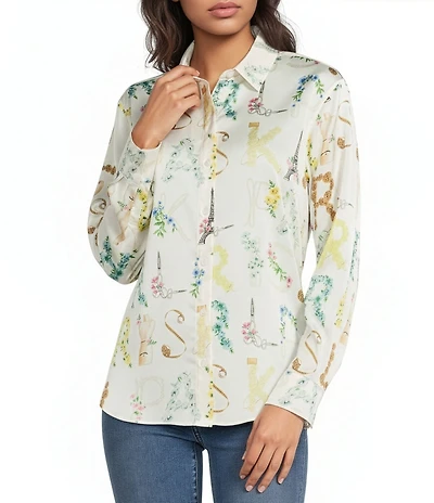 KARL LAGERFELD PARIS Printed Satin Point Collar Long Sleeve Shirt