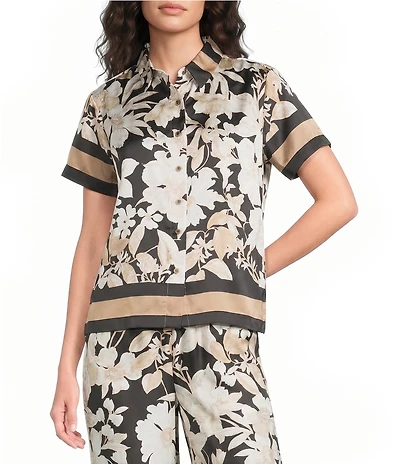 KARL LAGERFELD PARIS Printed Satin Point Collar Short Sleeve Coordinating Shirt