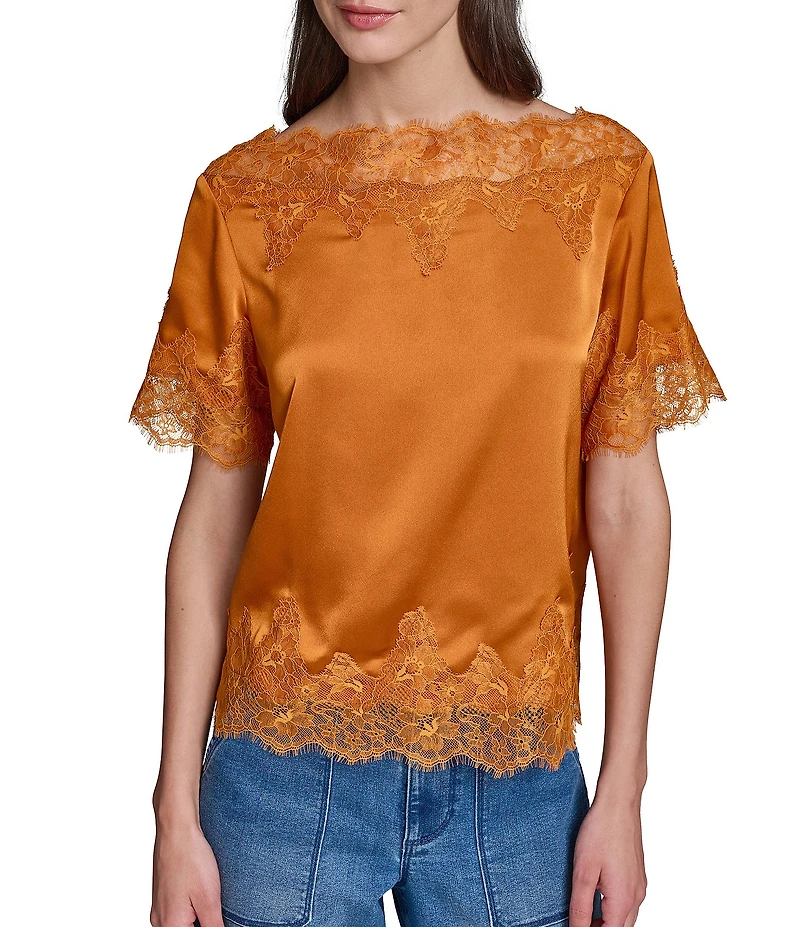 KARL LAGERFELD PARIS Printed Satin Point Collar Short Sleeve Shirt