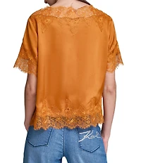 KARL LAGERFELD PARIS Printed Satin Point Collar Short Sleeve Shirt