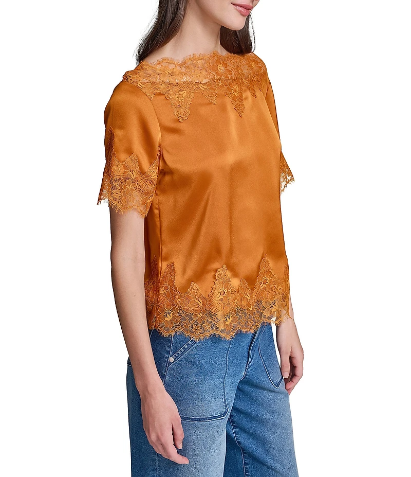 KARL LAGERFELD PARIS Printed Satin Point Collar Short Sleeve Shirt