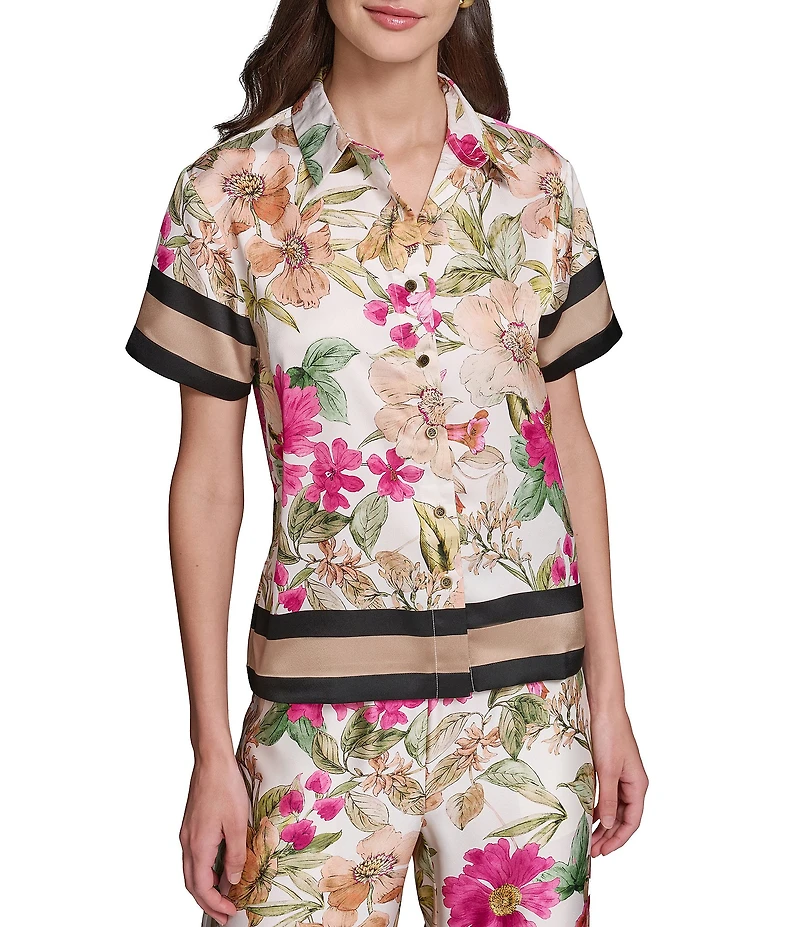 KARL LAGERFELD PARIS Printed Satin Point Collar Short Sleeve Shirt