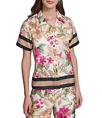 KARL LAGERFELD PARIS Printed Satin Point Collar Short Sleeve Shirt