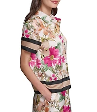 KARL LAGERFELD PARIS Printed Satin Point Collar Short Sleeve Shirt