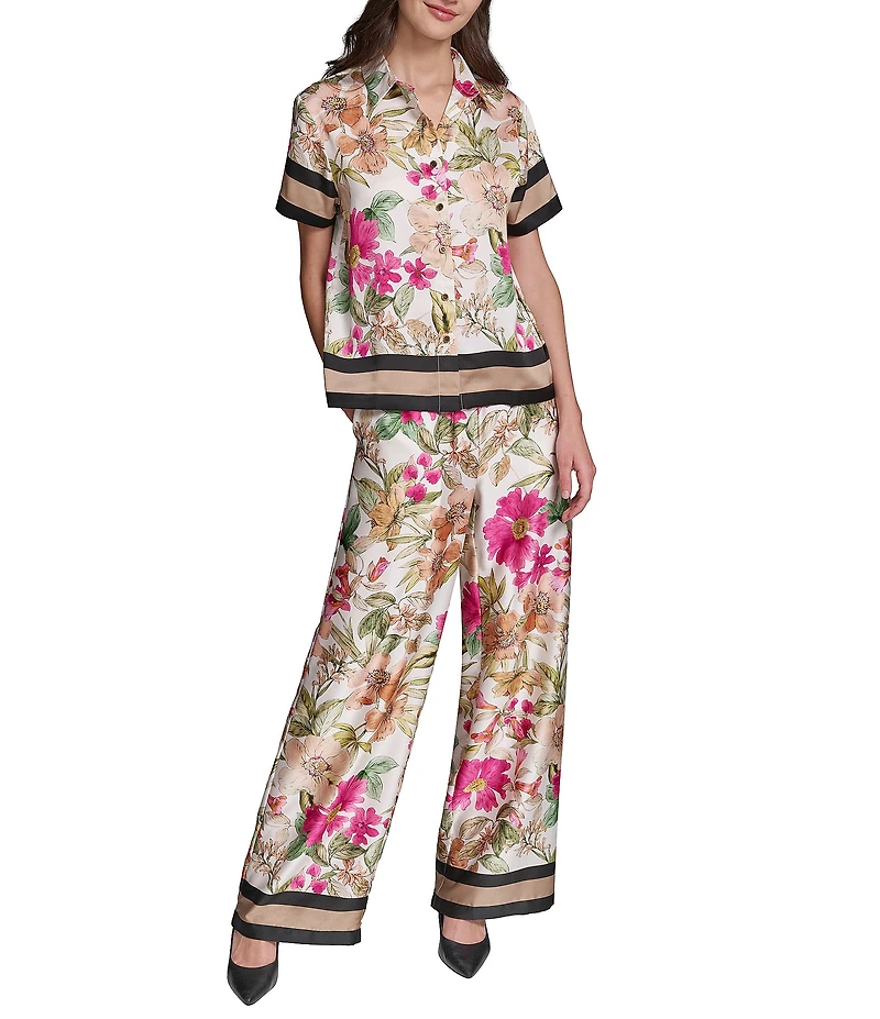 KARL LAGERFELD PARIS Printed Satin Point Collar Short Sleeve Shirt