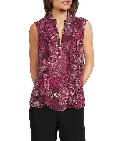 KARL LAGERFELD PARIS Printed Woven V-Neck Sleeveless Ruffle Blouse