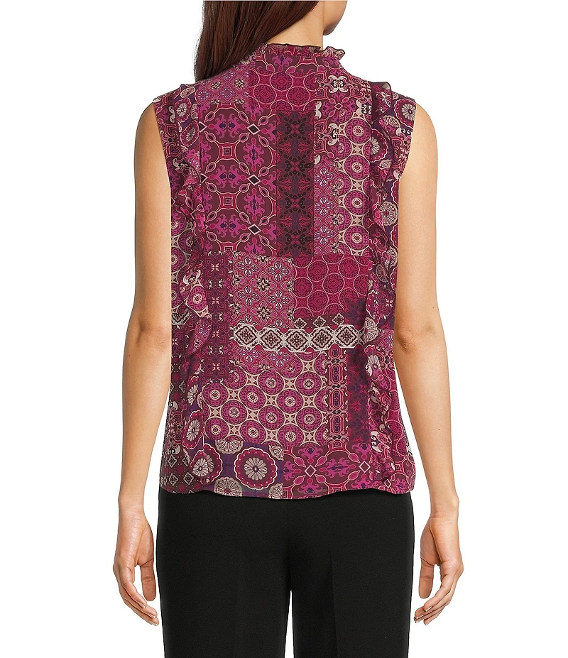 KARL LAGERFELD PARIS Printed Woven V-Neck Sleeveless Ruffle Blouse
