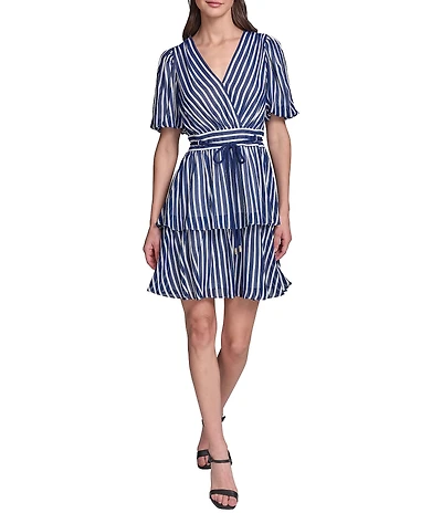KARL LAGERFELD PARIS Puff Sleeve Striped Pattern Surplice Neck Tiered Skirt Chiffon Dress