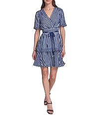 KARL LAGERFELD PARIS Puff Sleeve Striped Pattern Surplice Neck Tiered Skirt Chiffon Dress