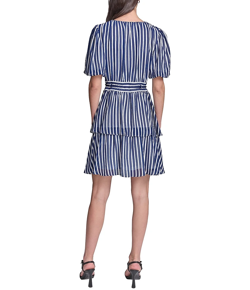 KARL LAGERFELD PARIS Puff Sleeve Striped Pattern Surplice Neck Tiered Skirt Chiffon Dress