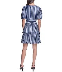 KARL LAGERFELD PARIS Puff Sleeve Striped Pattern Surplice Neck Tiered Skirt Chiffon Dress