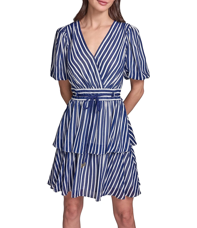KARL LAGERFELD PARIS Puff Sleeve Striped Pattern Surplice Neck Tiered Skirt Chiffon Dress