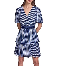 KARL LAGERFELD PARIS Puff Sleeve Striped Pattern Surplice Neck Tiered Skirt Chiffon Dress