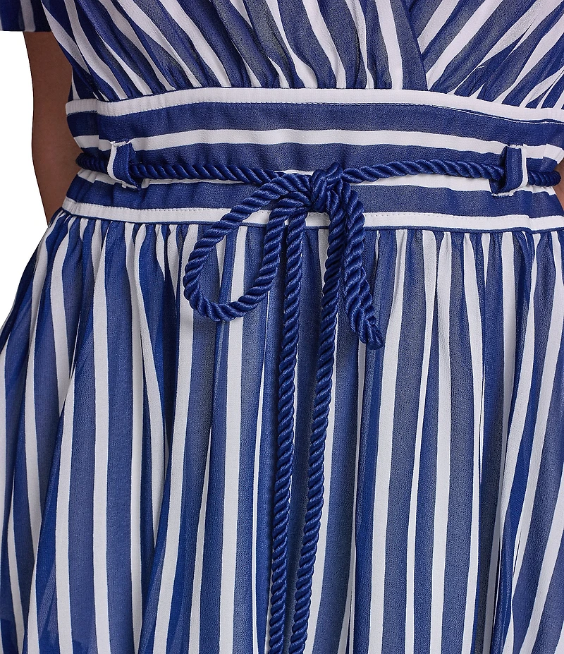 KARL LAGERFELD PARIS Puff Sleeve Striped Pattern Surplice Neck Tiered Skirt Chiffon Dress