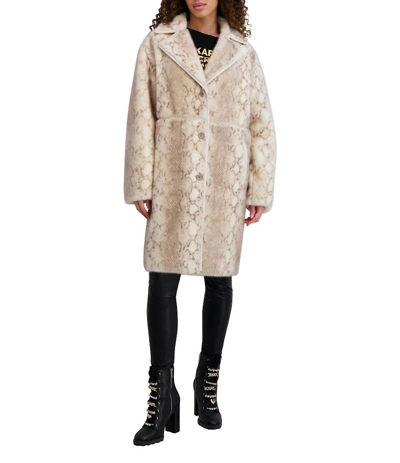 KARL LAGERFELD PARIS Python Faux Shearling Notch Collar Oversize Single Breasted Coat