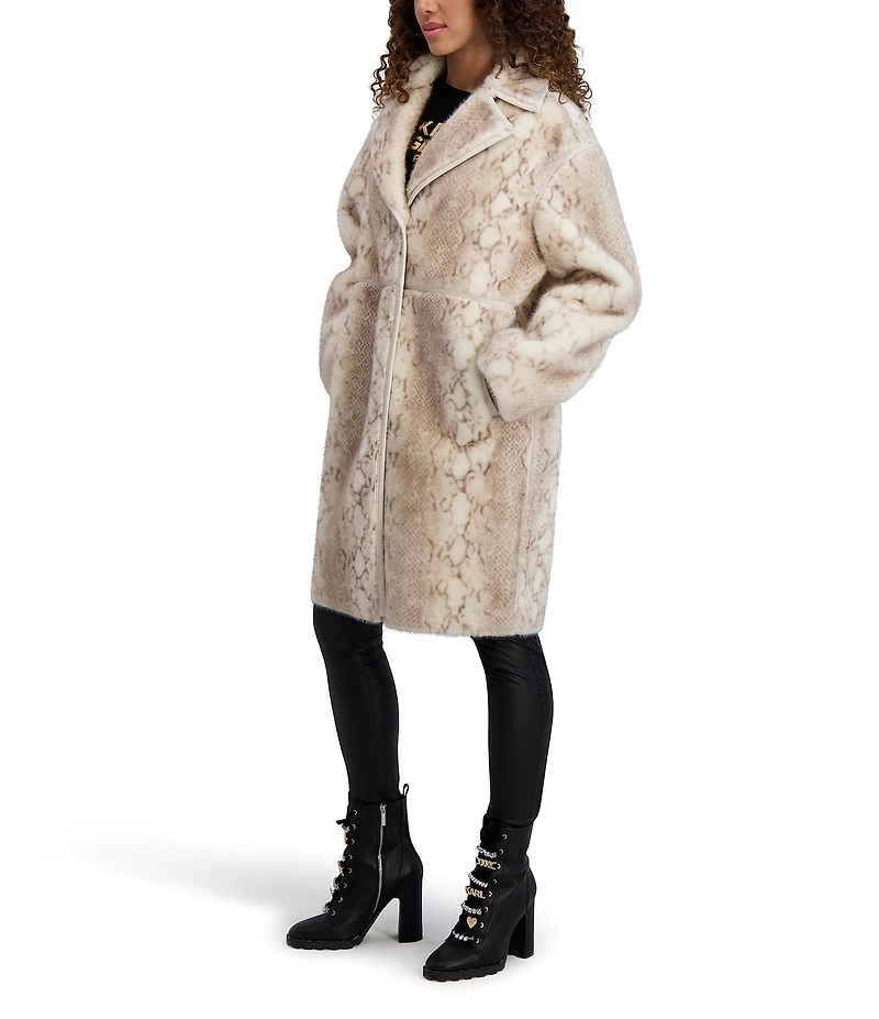 KARL LAGERFELD PARIS Python Faux Shearling Notch Collar Oversize Single Breasted Coat
