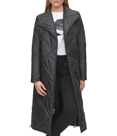 KARL LAGERFELD PARIS Quilted Asymmetrical Stand Collar Maxi Puffer Coat