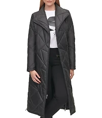 KARL LAGERFELD PARIS Quilted Asymmetrical Stand Collar Maxi Puffer Coat