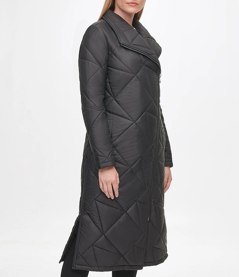 KARL LAGERFELD PARIS Quilted Asymmetrical Stand Collar Maxi Puffer Coat