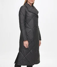 KARL LAGERFELD PARIS Quilted Asymmetrical Stand Collar Maxi Puffer Coat