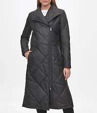 KARL LAGERFELD PARIS Quilted Asymmetrical Stand Collar Maxi Puffer Coat