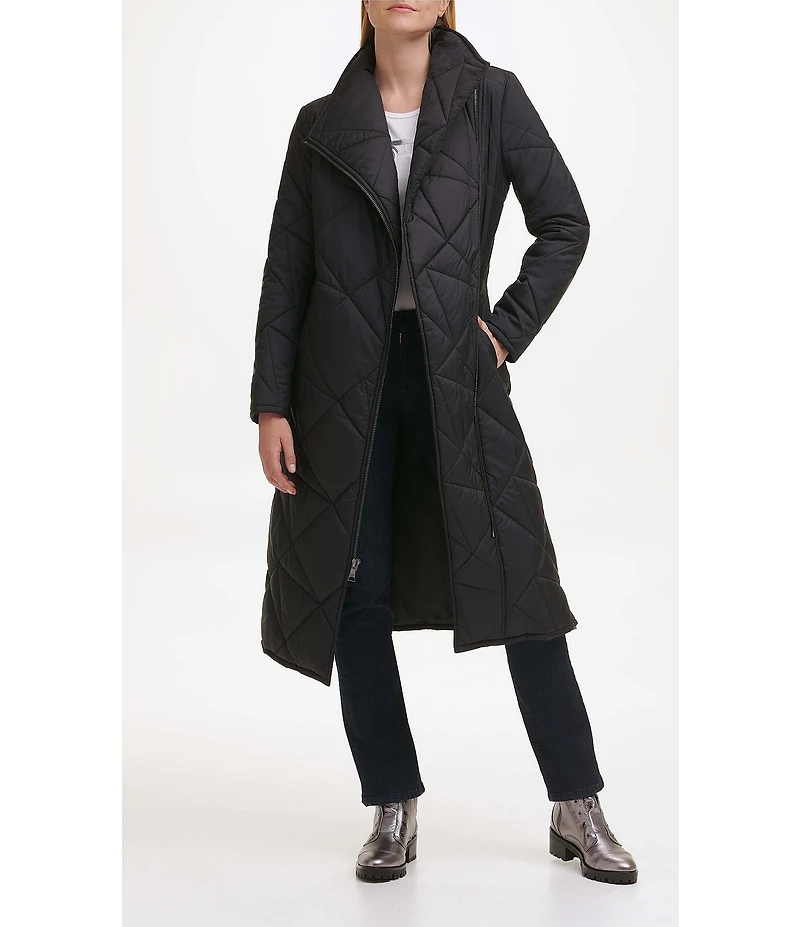 KARL LAGERFELD PARIS Quilted Asymmetrical Stand Collar Maxi Puffer Coat