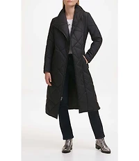KARL LAGERFELD PARIS Quilted Asymmetrical Stand Collar Maxi Puffer Coat