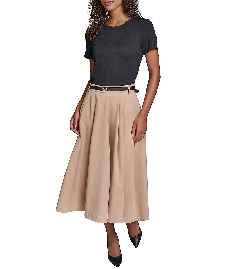 KARL LAGERFELD PARIS Refined Jersey Crew Neck Short Sleeve Belted Midi Dress