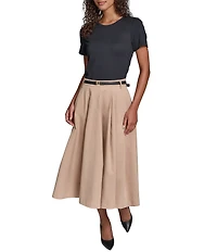 KARL LAGERFELD PARIS Refined Jersey Crew Neck Short Sleeve Belted Midi Dress