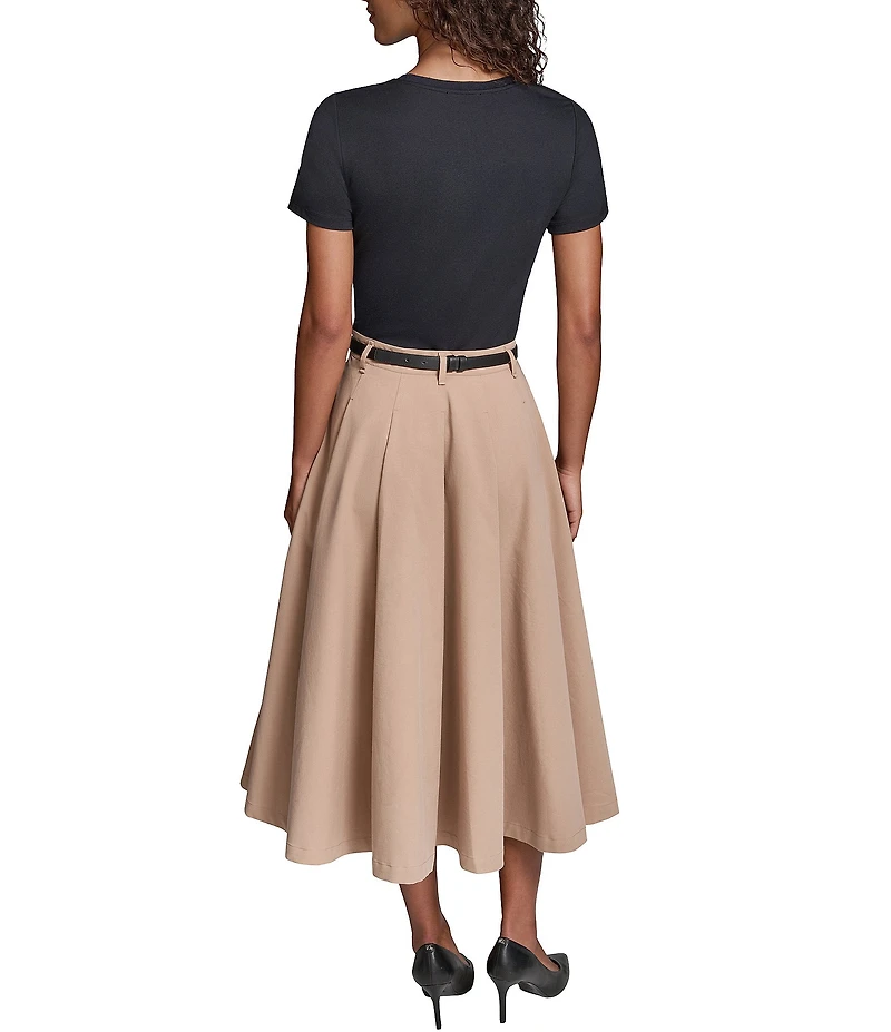 KARL LAGERFELD PARIS Refined Jersey Crew Neck Short Sleeve Belted Midi Dress
