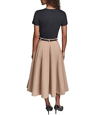 KARL LAGERFELD PARIS Refined Jersey Crew Neck Short Sleeve Belted Midi Dress