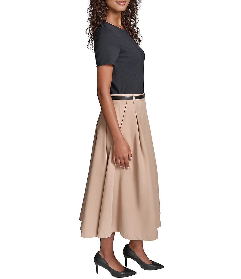 KARL LAGERFELD PARIS Refined Jersey Crew Neck Short Sleeve Belted Midi Dress